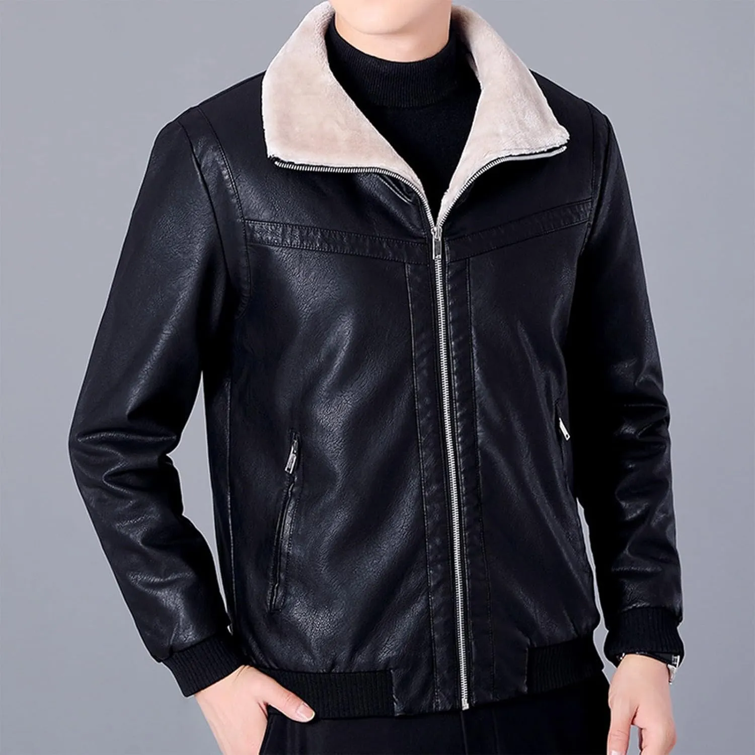 Mens Faux Leather Jackets Sherpa Lined Bomber Jacket Full Zip Winter Coats Windproof Aviator Jacket Vintage Outerwear