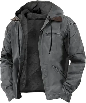 Mens Fleece Hooded Sherpa Lined Jacket Winter Vintage Distressed Long Sleeve Zipper Heavyweight Jackets with Pockets