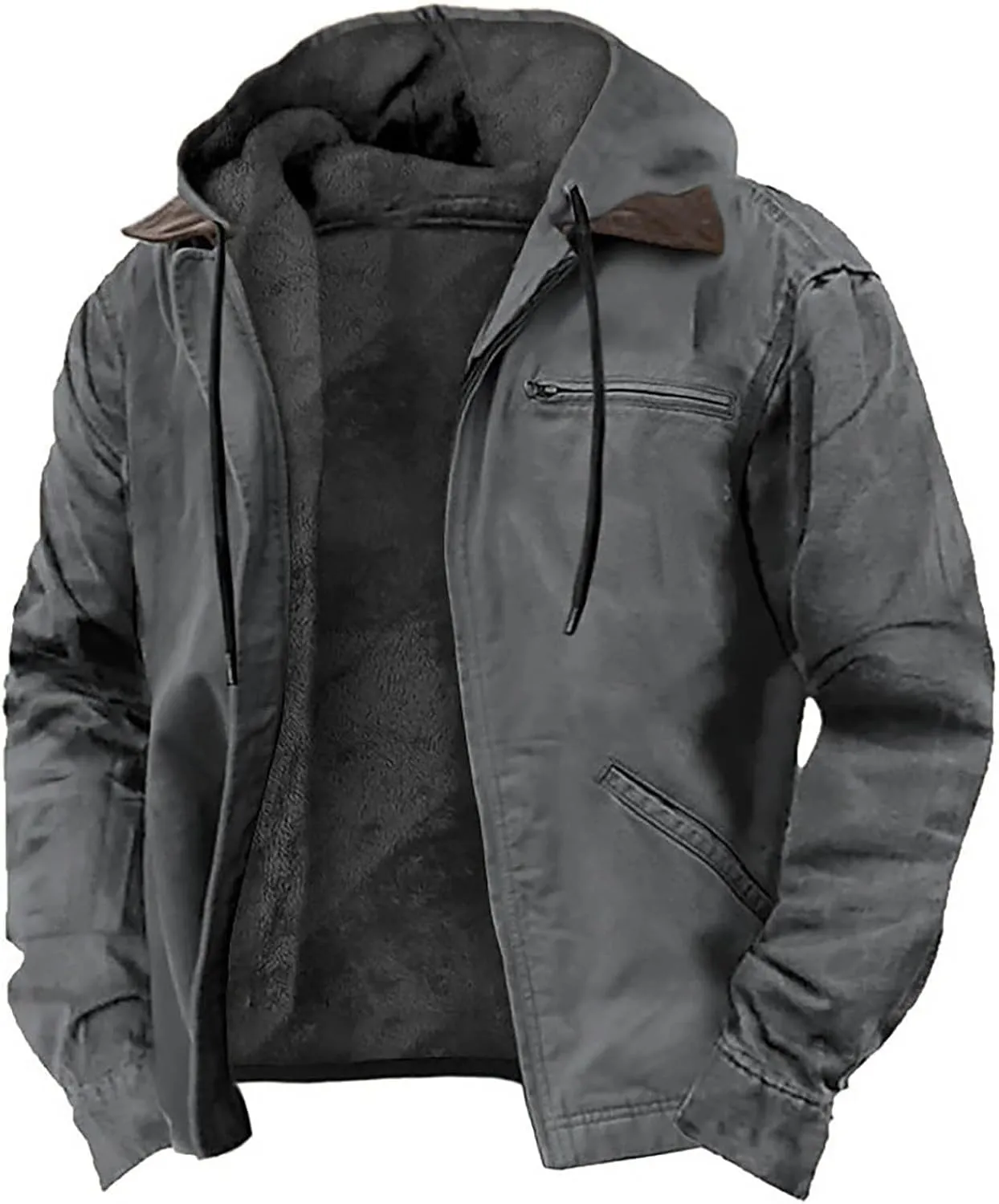 Mens Fleece Hooded Sherpa Lined Jacket Winter Vintage Distressed Long Sleeve Zipper Heavyweight Jackets with Pockets