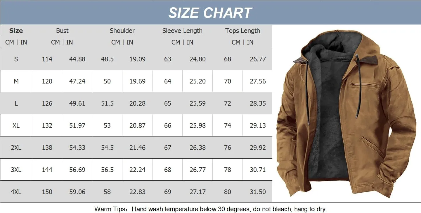 Mens Fleece Hooded Sherpa Lined Jacket Winter Vintage Distressed Long Sleeve Zipper Heavyweight Jackets with Pockets