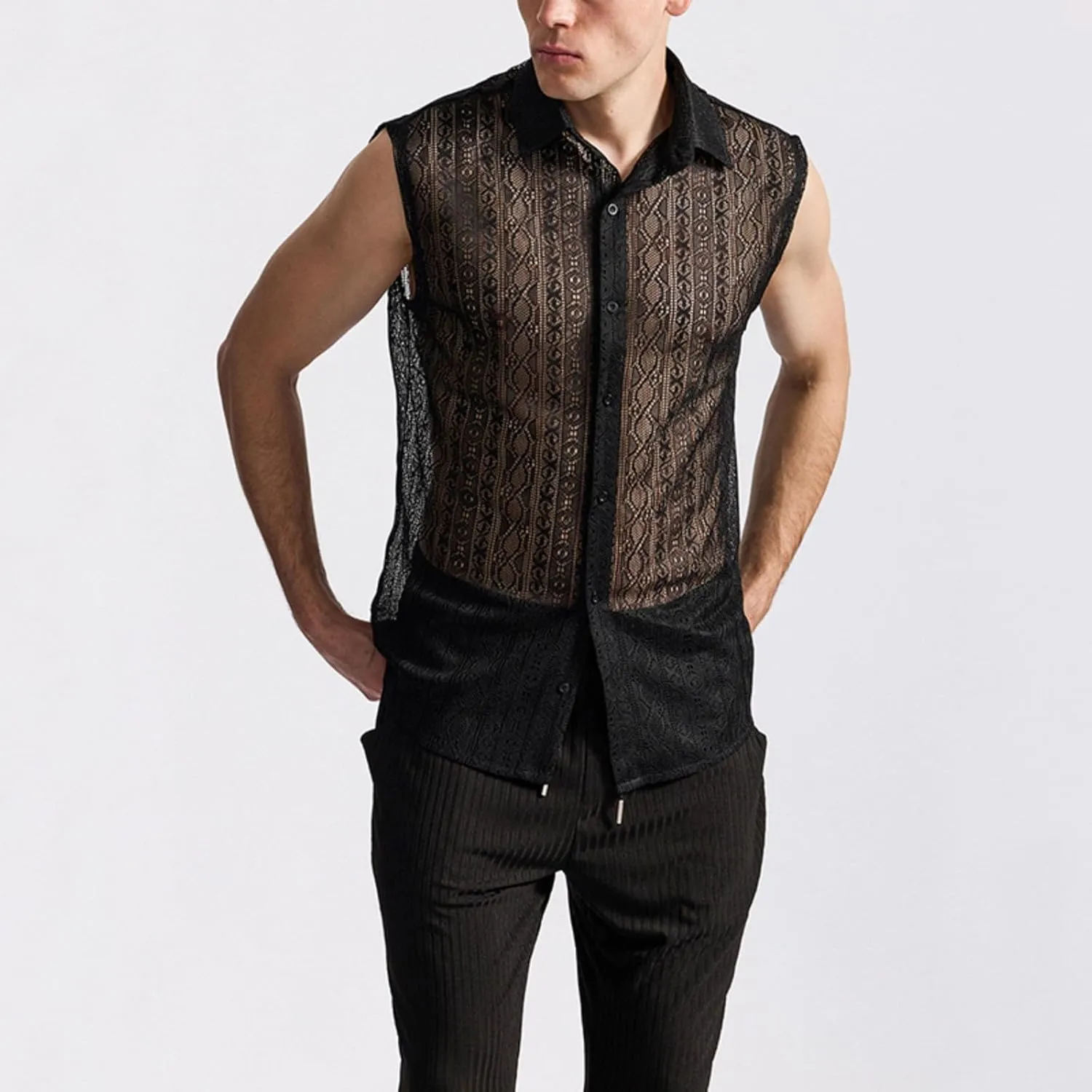 Mens Floral Lace Shirt Sleeveless Hollow Out Sheer Moisture Wicking Top See Through Casual Button Down Shirts 2025 Summer