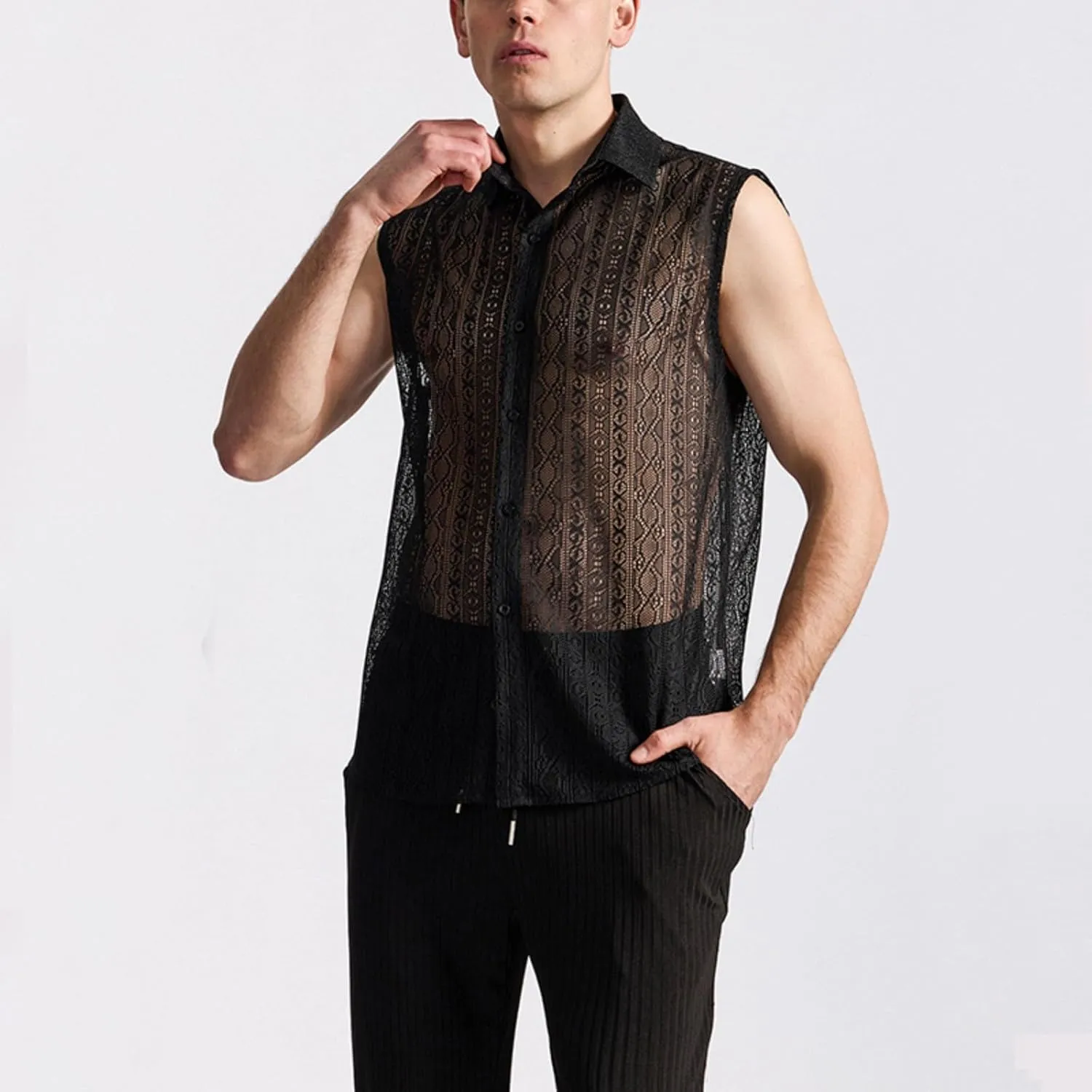 Mens Floral Lace Shirt Sleeveless Hollow Out Sheer Moisture Wicking Top See Through Casual Button Down Shirts 2025 Summer