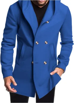 Men's Hooded Double-Breasted Pea Coat Winter Windproof Trench Overcoat with Pockets