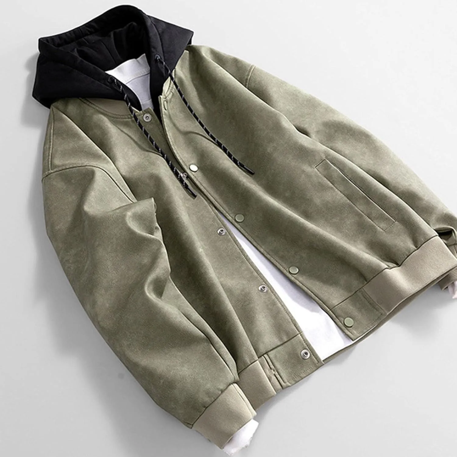 Mens Lightweight PU Leather Hooded Jacket Causal Button Down Biker Jacket Motorcycle Outerwear Coat Fashion Clothes