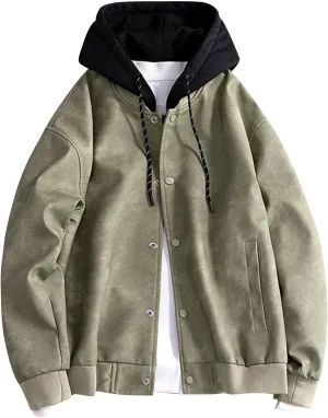 Mens Lightweight PU Leather Hooded Jacket Causal Button Down Biker Jacket Motorcycle Outerwear Coat Fashion Clothes