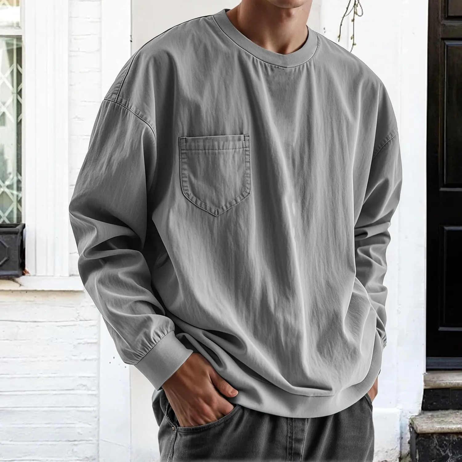 Mens Long Sleeve Oversized Tshirts 2025 Crewneck Classic Round Neck T-Shirt Casual Distressed Washed Tops with Pocket