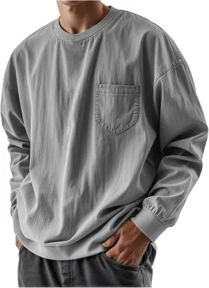Mens Long Sleeve Oversized Tshirts 2025 Crewneck Classic Round Neck T-Shirt Casual Distressed Washed Tops with Pocket