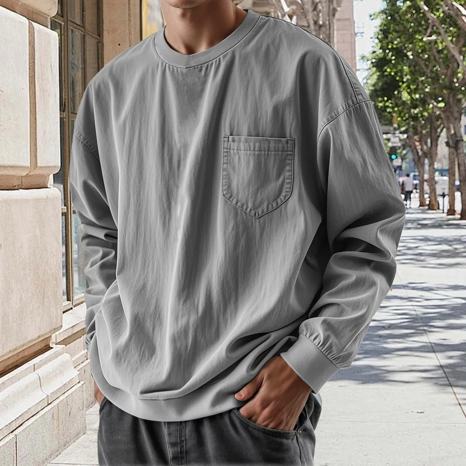 Mens Long Sleeve Oversized Tshirts 2025 Crewneck Classic Round Neck T-Shirt Casual Distressed Washed Tops with Pocket