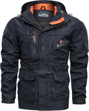 Men's Outdoor Military Jacket Utility Mid-Long Hooded Lightweight Windbreaker Work Jackets Outwear with Multi Pockets