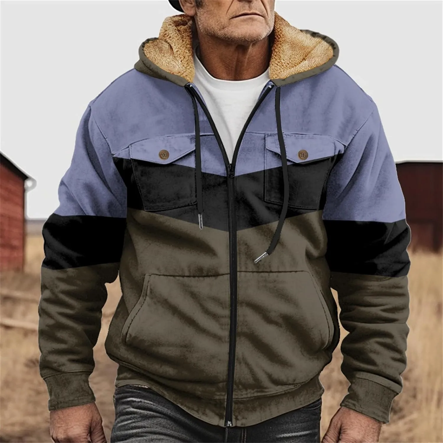 Men's Oversized Jackets Full Zip Thicken Fleece Sherpa Lined Winter Hooded Work Utility Jacket Warm Coat with Pockets