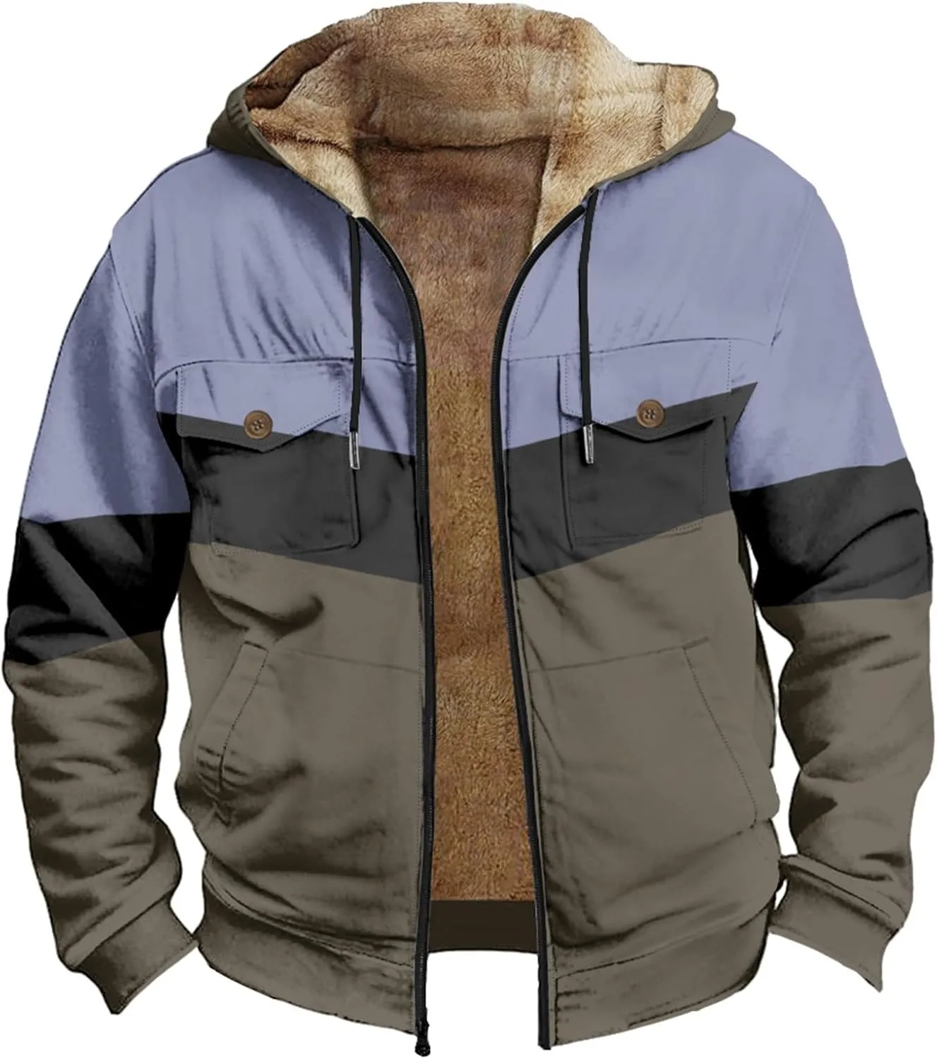 Men's Oversized Jackets Full Zip Thicken Fleece Sherpa Lined Winter Hooded Work Utility Jacket Warm Coat with Pockets