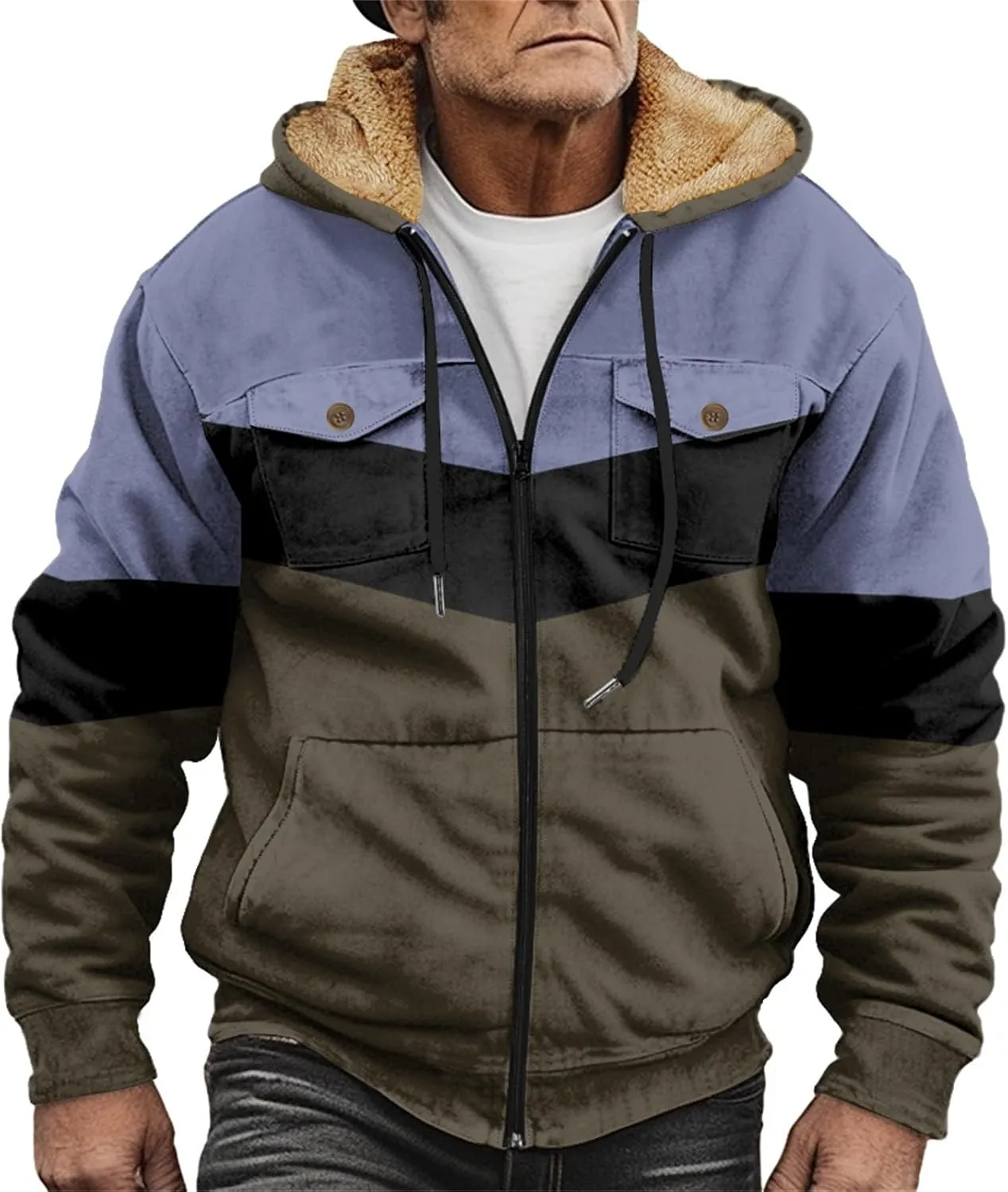 Men's Oversized Jackets Full Zip Thicken Fleece Sherpa Lined Winter Hooded Work Utility Jacket Warm Coat with Pockets
