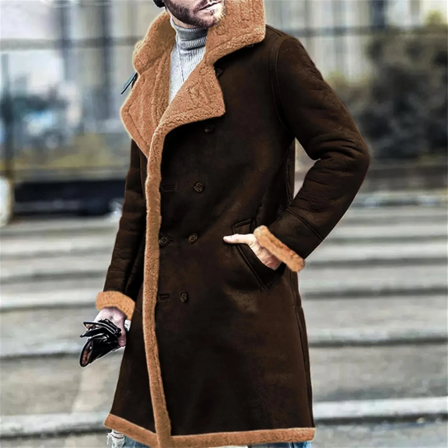 Men's Shearling Leather Coat Warm Winter Coats Fur Collar Long Trench Coats Faux Suede Sherpa Lined Sheepskin Jacket