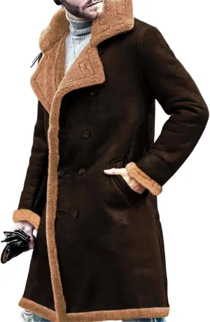 Men's Shearling Leather Coat Warm Winter Coats Fur Collar Long Trench Coats Faux Suede Sherpa Lined Sheepskin Jacket