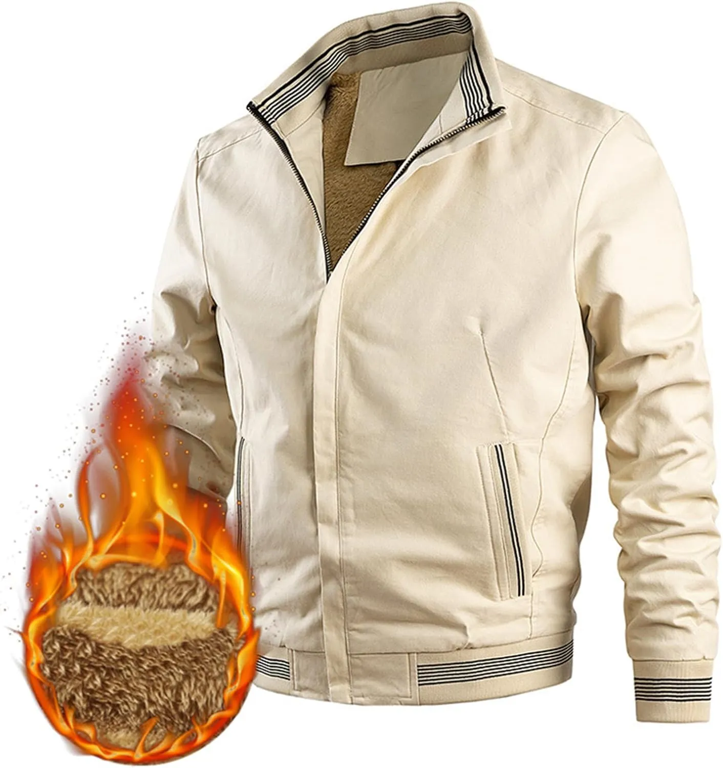 Mens Sherpa Lined Jacket Outdoor Recreation Work Cargo Coats Winter Stand Collar Bomber Jacket Full-Zip Outerwear