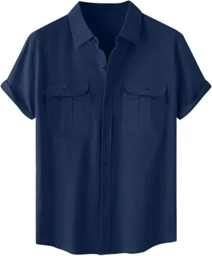 Men's Shirts Casual Cotton Linen Button Down T-Shirt Summer Fashion Short Sleeve Solid Linen Shirt Loose Fit Tops