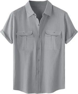 Men's Shirts Casual Cotton Linen Button Down T-Shirt Summer Fashion Short Sleeve Solid Linen Shirt Loose Fit Tops