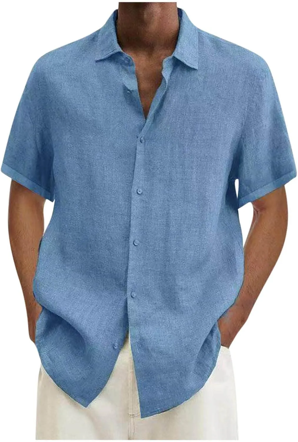 Mens Shirts Casual Stylish Summer Button Up Short Sleeve Cotton Linen Shirt Regular-Fit Solid Vacation Beach Tee Top