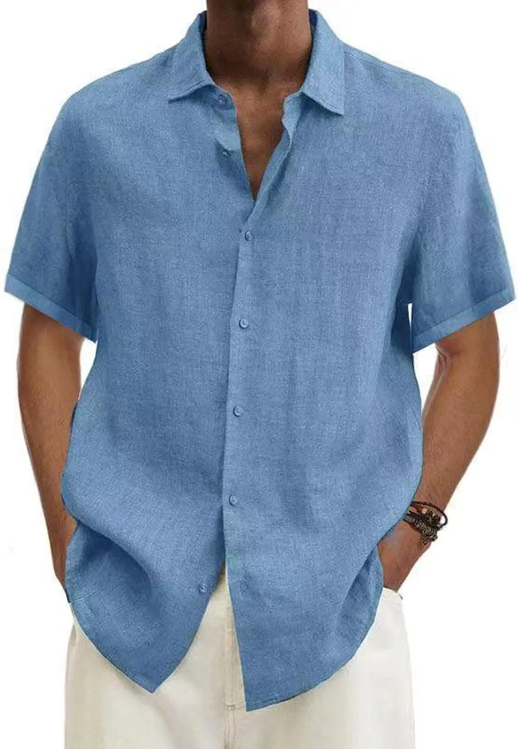 Mens Shirts Casual Stylish Summer Button Up Short Sleeve Cotton Linen Shirt Regular-Fit Solid Vacation Beach Tee Top