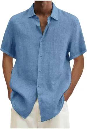 Mens Shirts Casual Stylish Summer Button Up Short Sleeve Cotton Linen Shirt Regular-Fit Solid Vacation Beach Tee Top