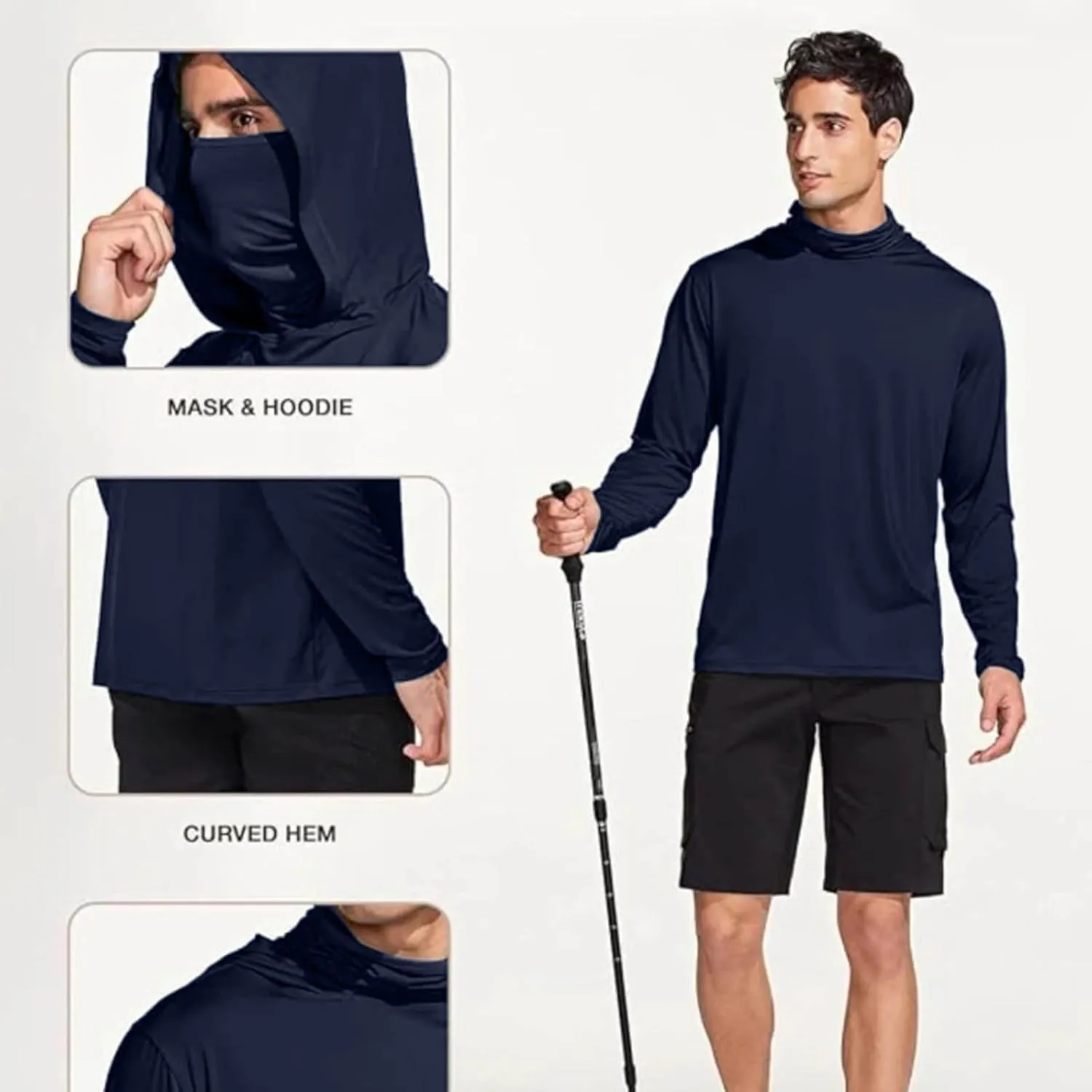 Men's UPF 50  Fishing Hoodie Shirts SPF UV Sun Shirts with Gaiter Rash Guard Long Sleeve Outdoor Hiking Swim T-Shirts