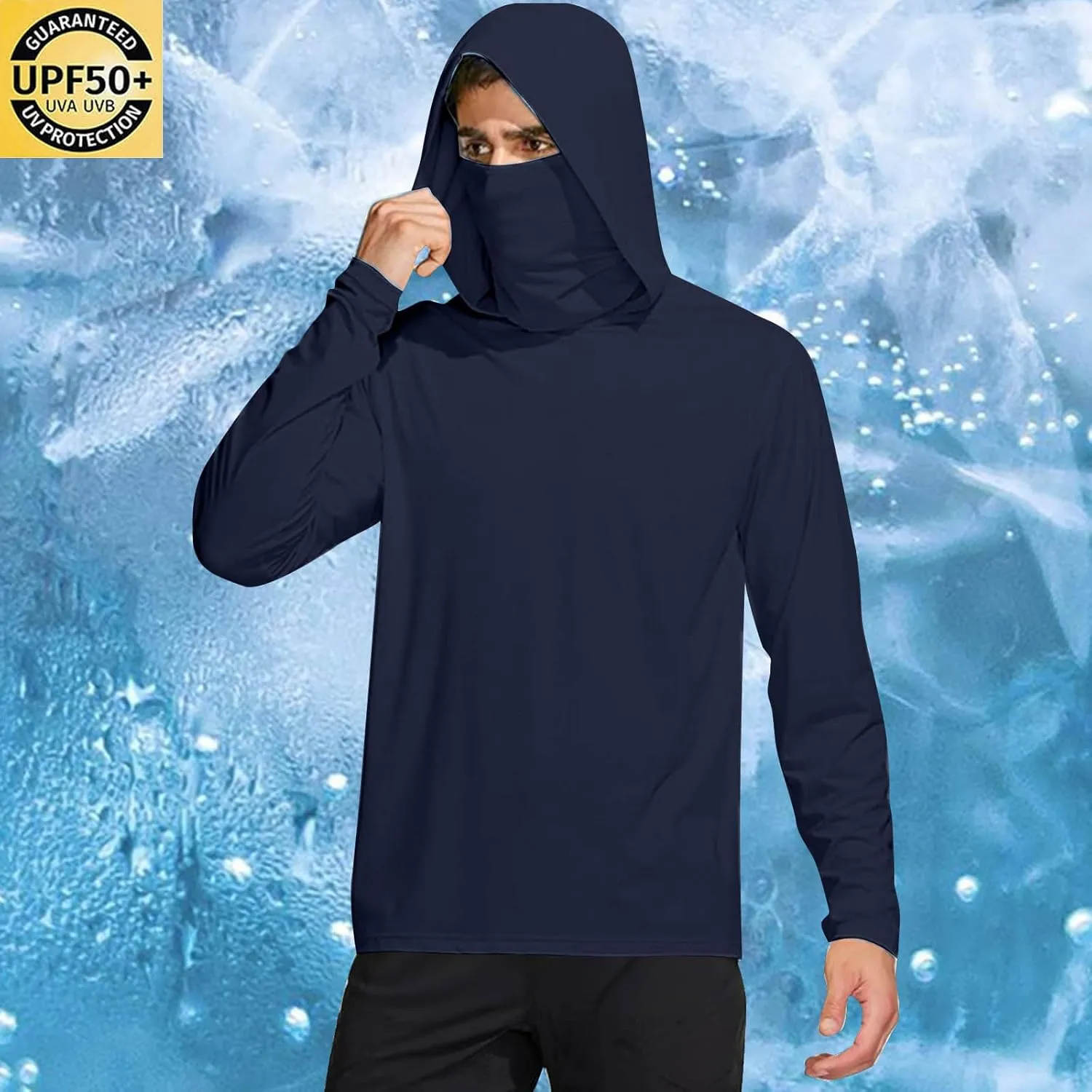 Men's UPF 50  Fishing Hoodie Shirts SPF UV Sun Shirts with Gaiter Rash Guard Long Sleeve Outdoor Hiking Swim T-Shirts