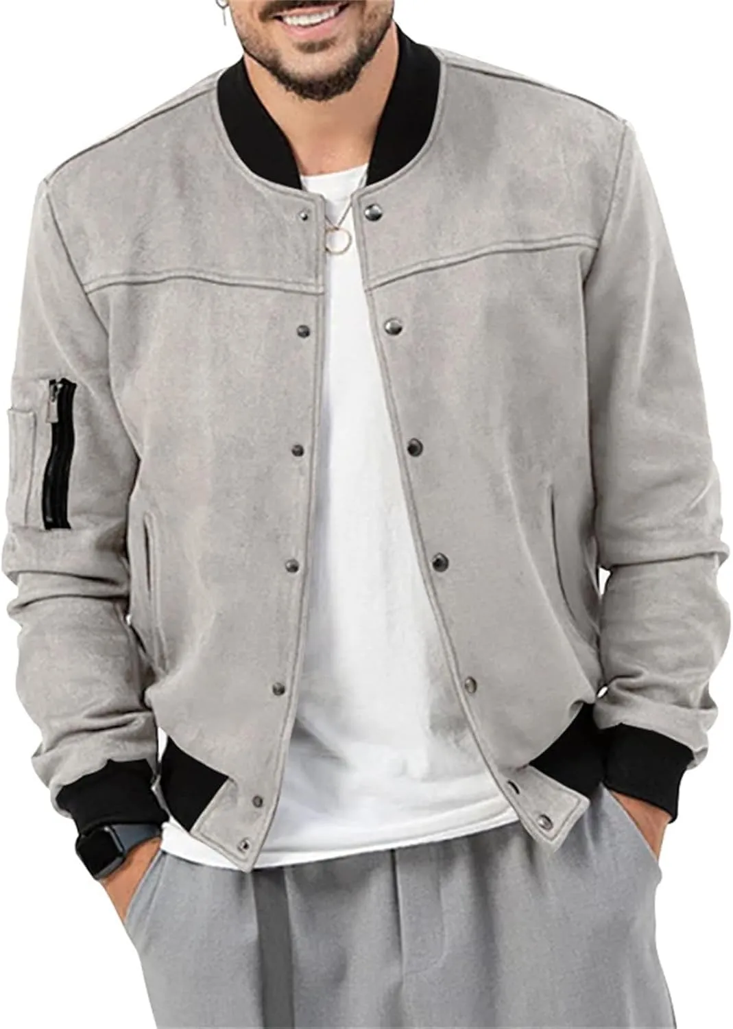 Mens Varsity Jacket Faux Suede Bomber Jackets Windbreaker Vintage Casual Lightweight Leather Coats Jackets