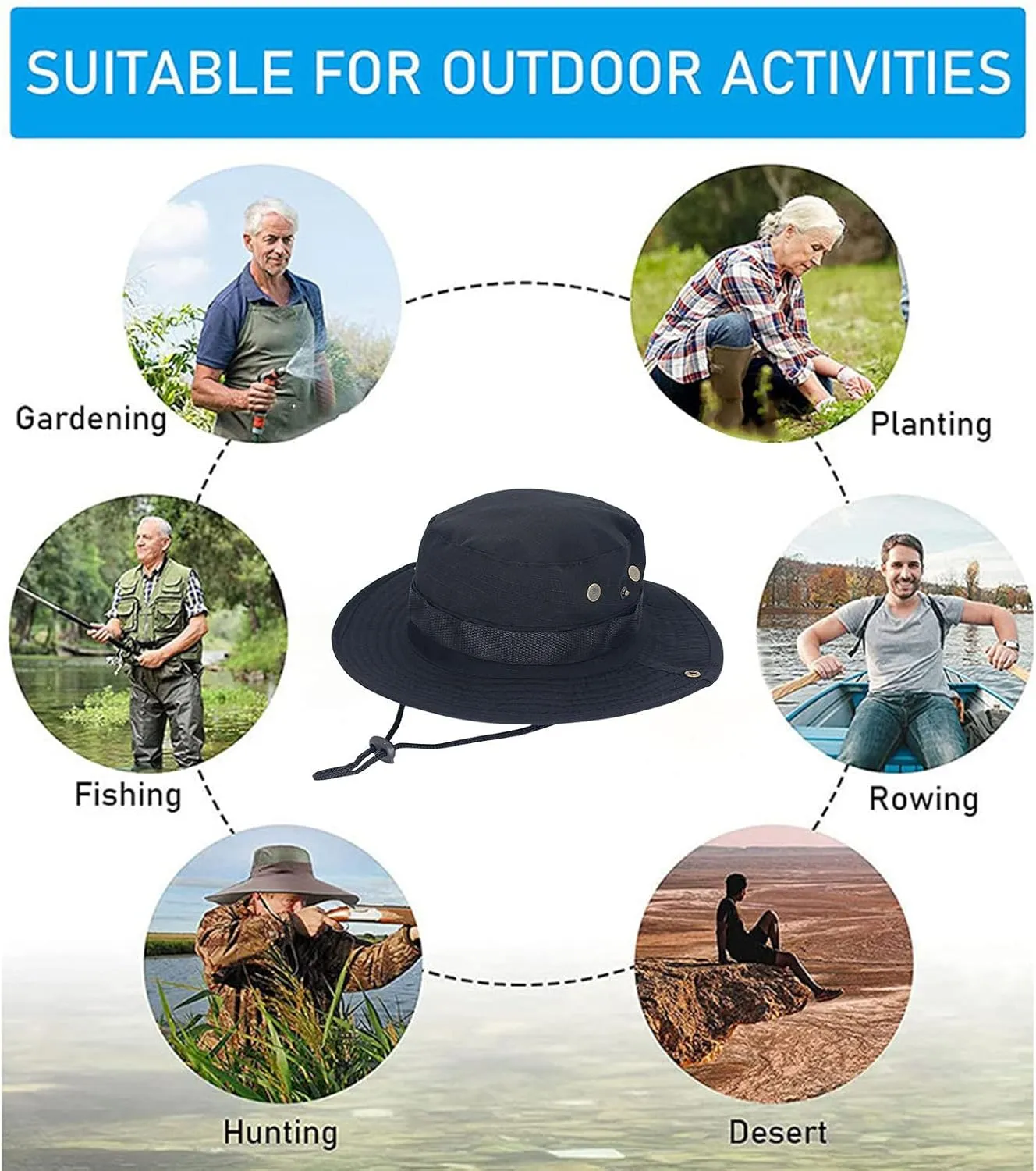 Mens Wide Brim Sun Hat Outdoor Safari Bucket Hats UV Protection Hiking Fishing Hat Travel Camping Flap Hats for Men