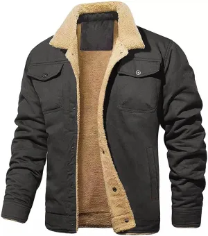 Mens Winter Thermal Cotton Jacket with Fleece Lining Thick Warm Trucker Lapel Work Cargo Coat Multi Pocket Sherpa Lined