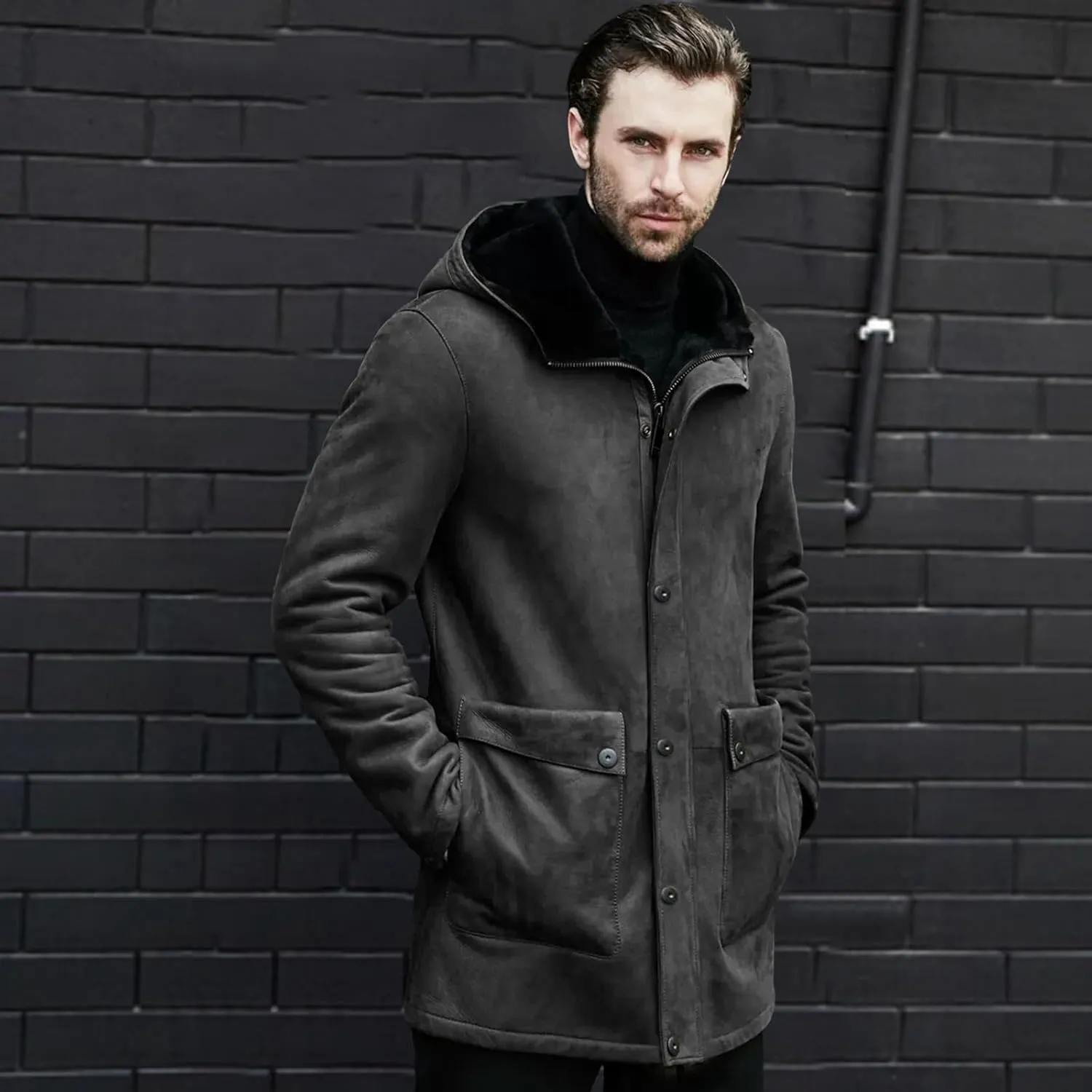 Men's Wool Coat Long Trench Coat Slim Zipper Cardigan Solid Color Hooded Casual Washed Jacket Windbreaker Long