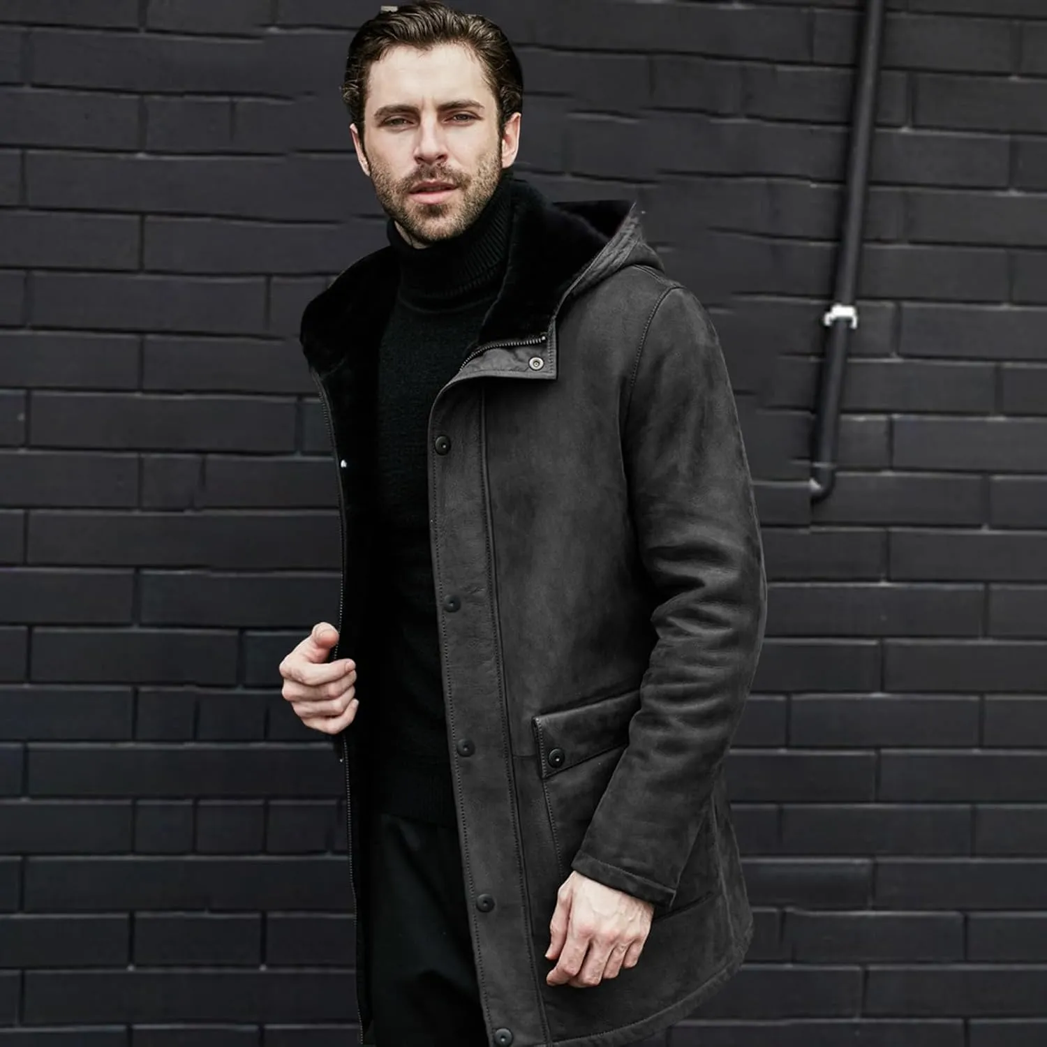Men's Wool Coat Long Trench Coat Slim Zipper Cardigan Solid Color Hooded Casual Washed Jacket Windbreaker Long