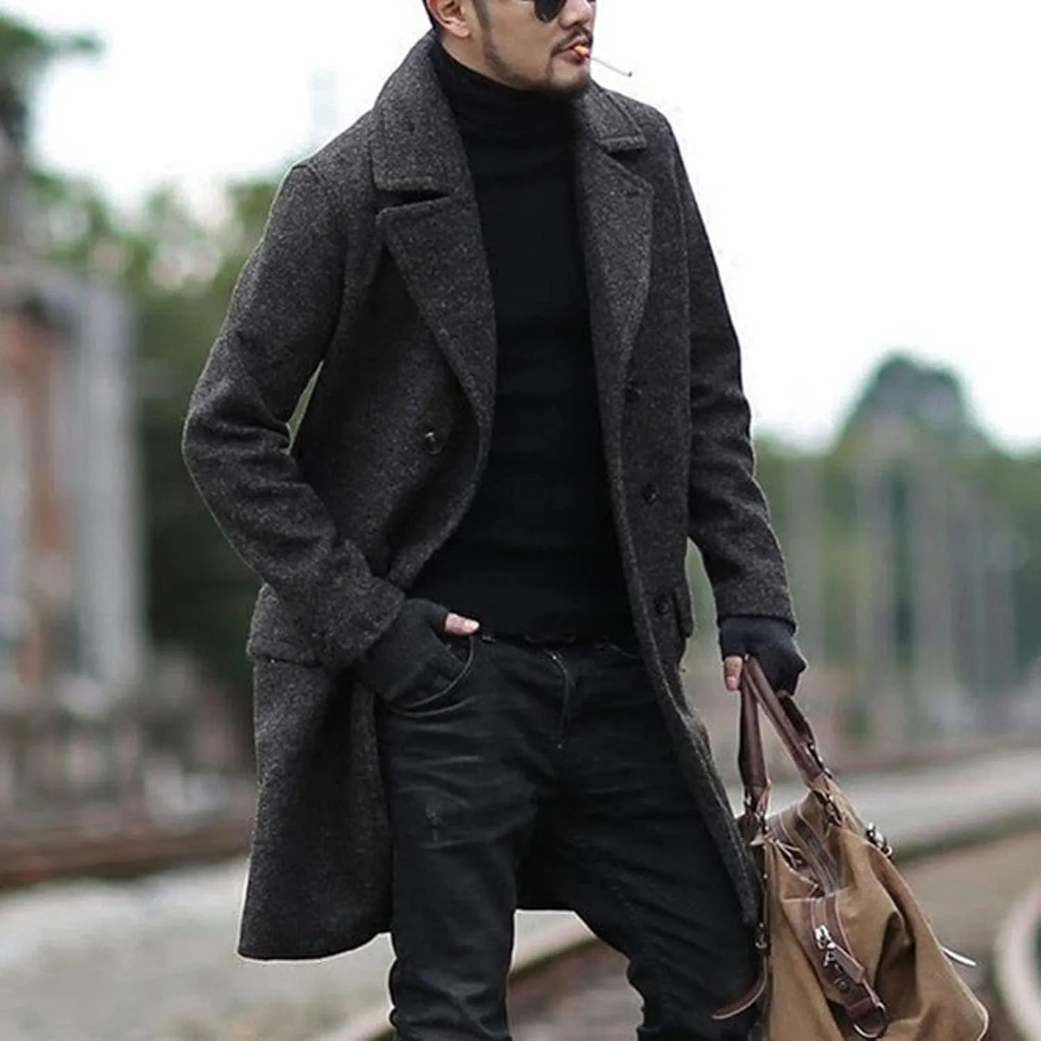 Men's Woolen Pea Coat Slim Fit Double Breasted Winter Wool Trench Business Down Jacket Long Sleeve Mid Long Overcoat Coats