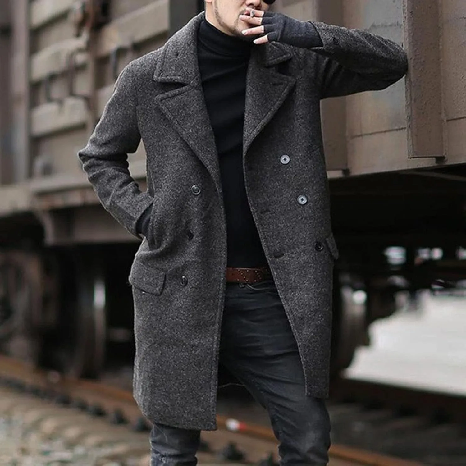 Men's Woolen Pea Coat Slim Fit Double Breasted Winter Wool Trench Business Down Jacket Long Sleeve Mid Long Overcoat Coats
