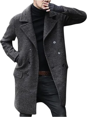 Men's Woolen Pea Coat Slim Fit Double Breasted Winter Wool Trench Business Down Jacket Long Sleeve Mid Long Overcoat Coats