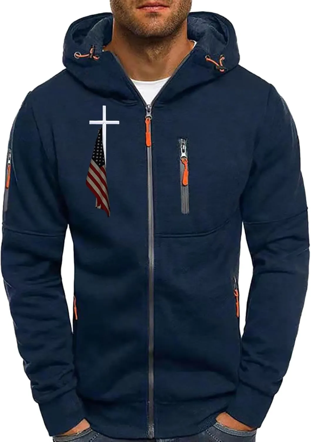 Mens Zip Up Hoodies American Flag Cross Graphic Shirt Long Sleeve Lightweight Casual Patriotic Spring Sweatshirts Top