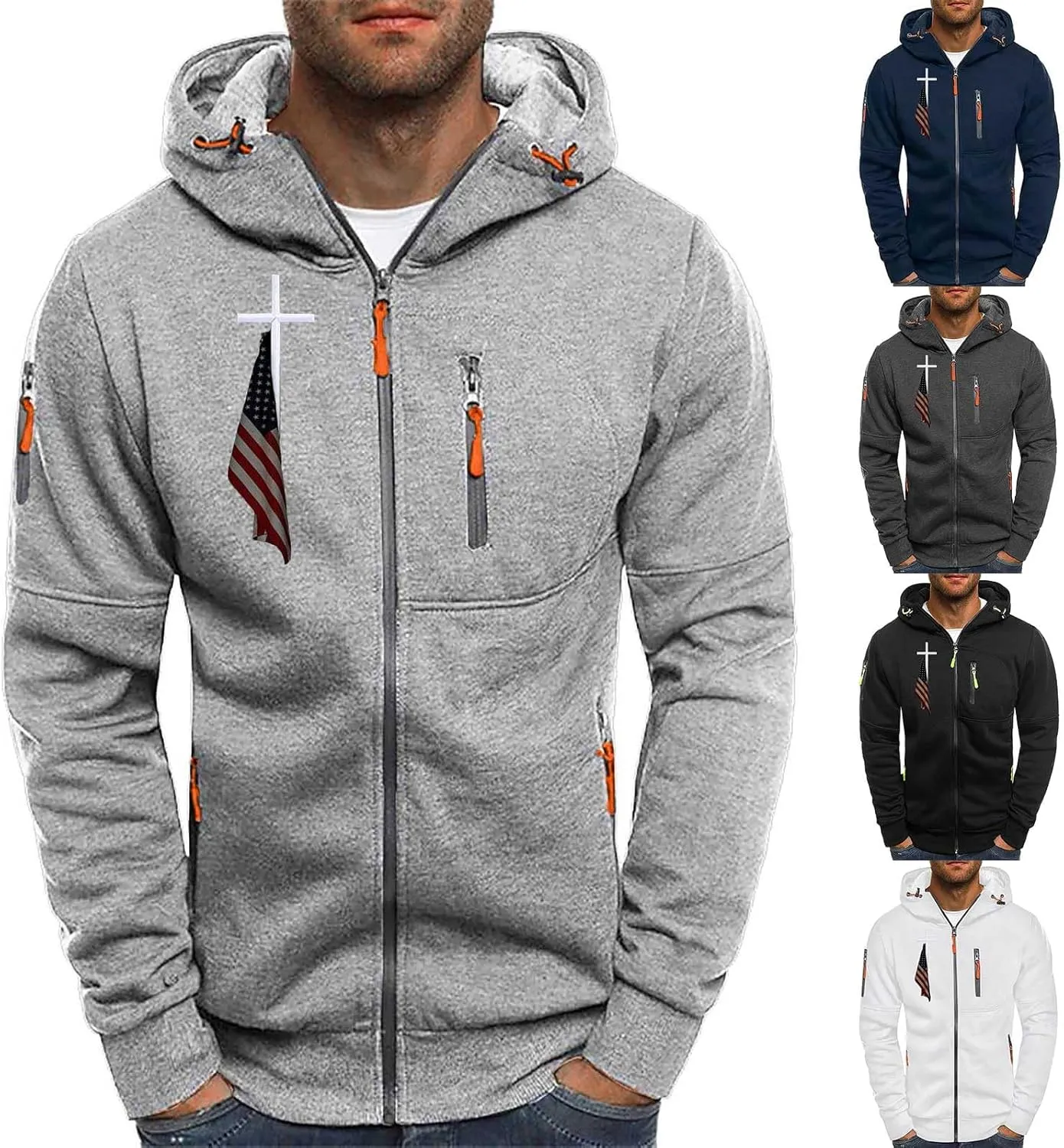 Mens Zip Up Hoodies American Flag Cross Graphic Shirt Long Sleeve Lightweight Casual Patriotic Spring Sweatshirts Top