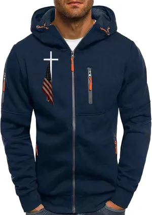Mens Zip Up Hoodies American Flag Cross Graphic Shirt Long Sleeve Lightweight Casual Patriotic Spring Sweatshirts Top