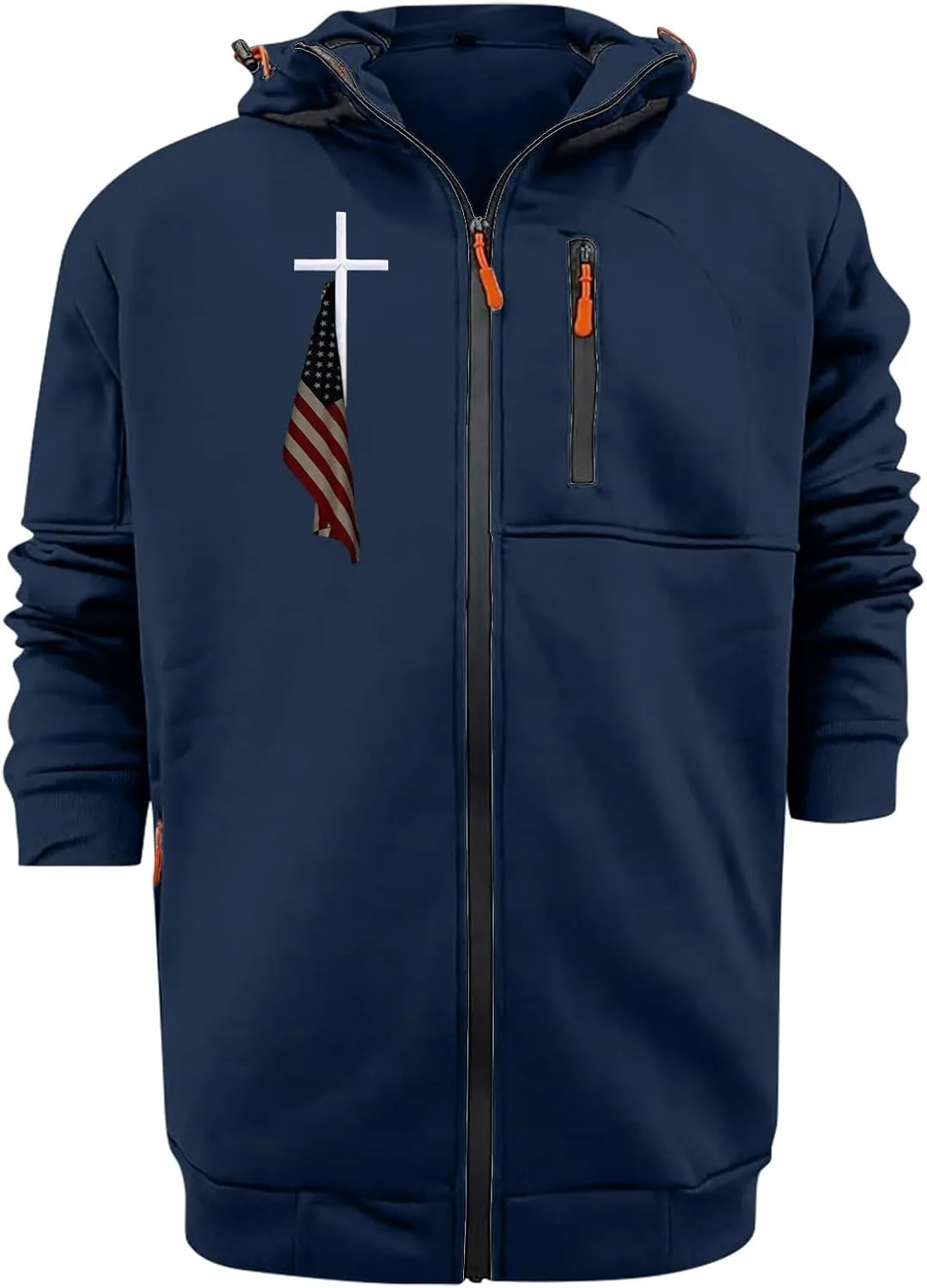 Mens Zip Up Hoodies American Flag Cross Graphic Shirt Long Sleeve Lightweight Casual Patriotic Spring Sweatshirts Top