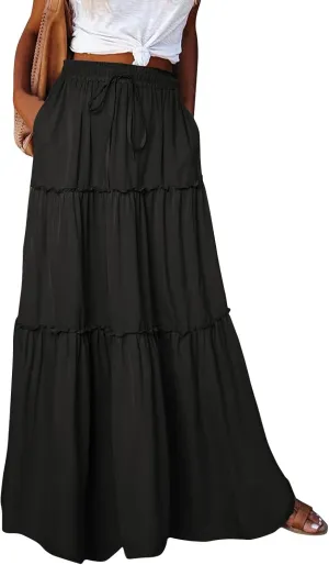 midelxp Flowy Maxi Skirts for Women Summer High Waisted Tiered Long Skirts Ladies Cute Lightweight Loose Beach Pleated Skirts