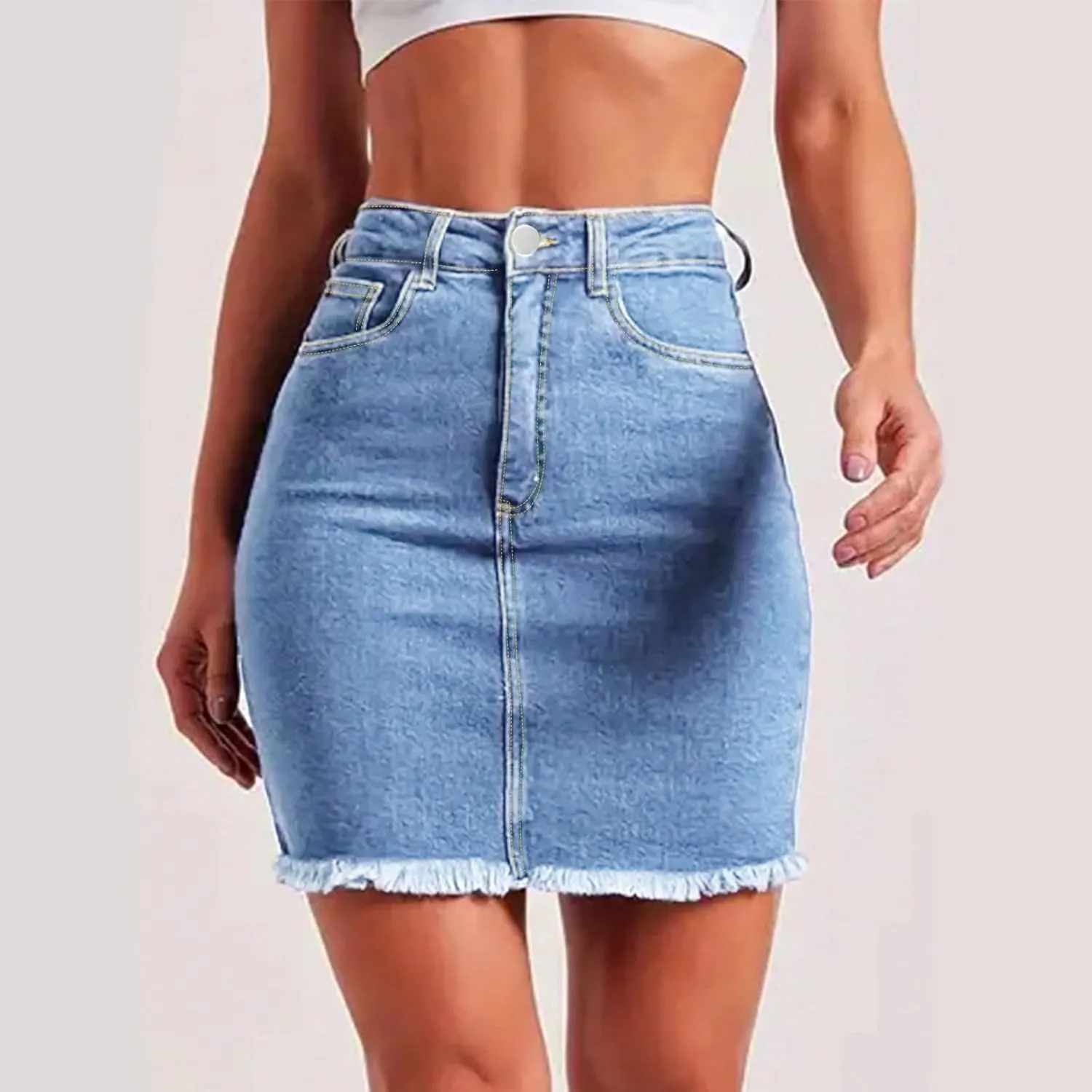 midelxp Mini Jean Skirts for Women Denim High Waisted Short Skirts with Pockets Casual Frayed Raw Hem Stretch Denim Skorts