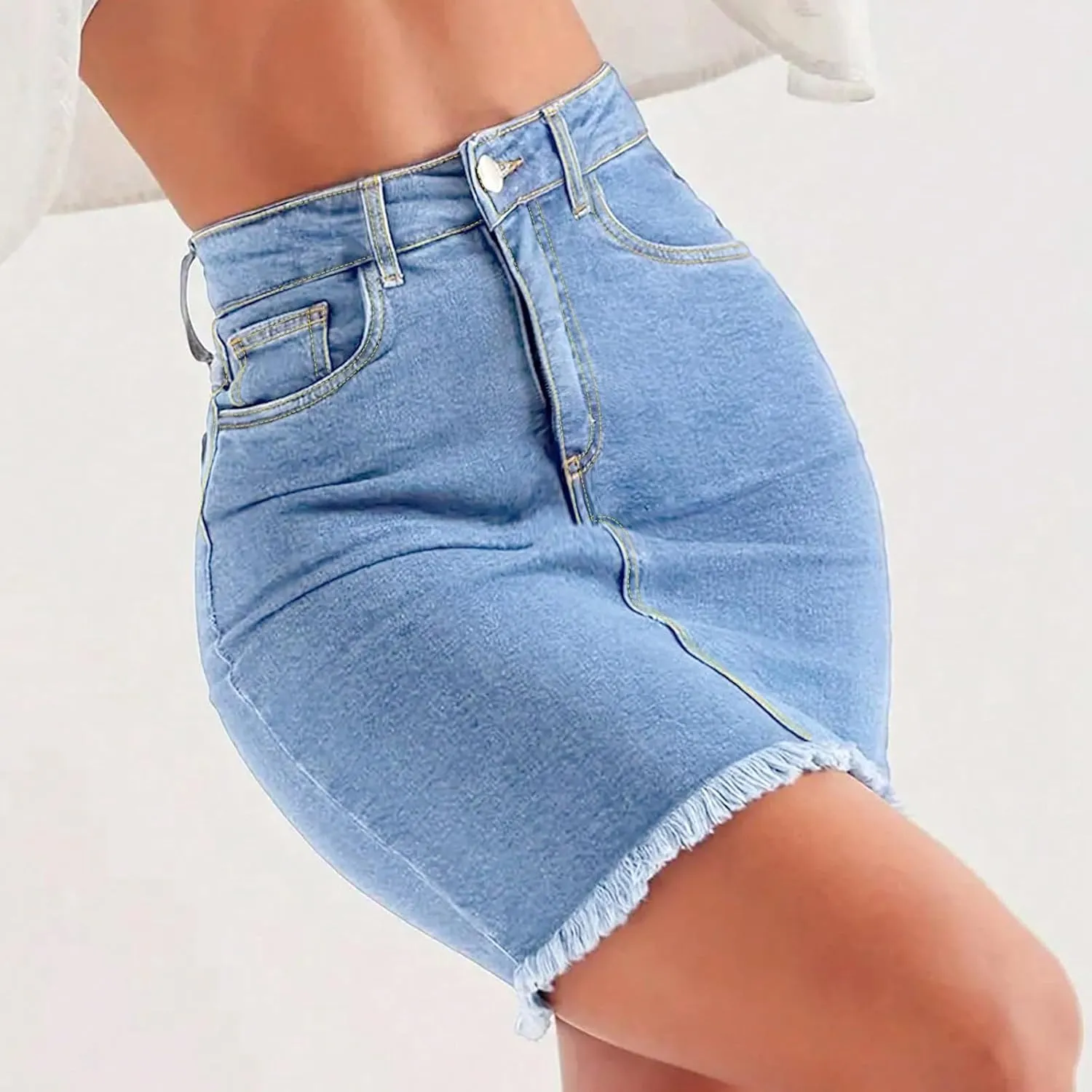 midelxp Mini Jean Skirts for Women Denim High Waisted Short Skirts with Pockets Casual Frayed Raw Hem Stretch Denim Skorts