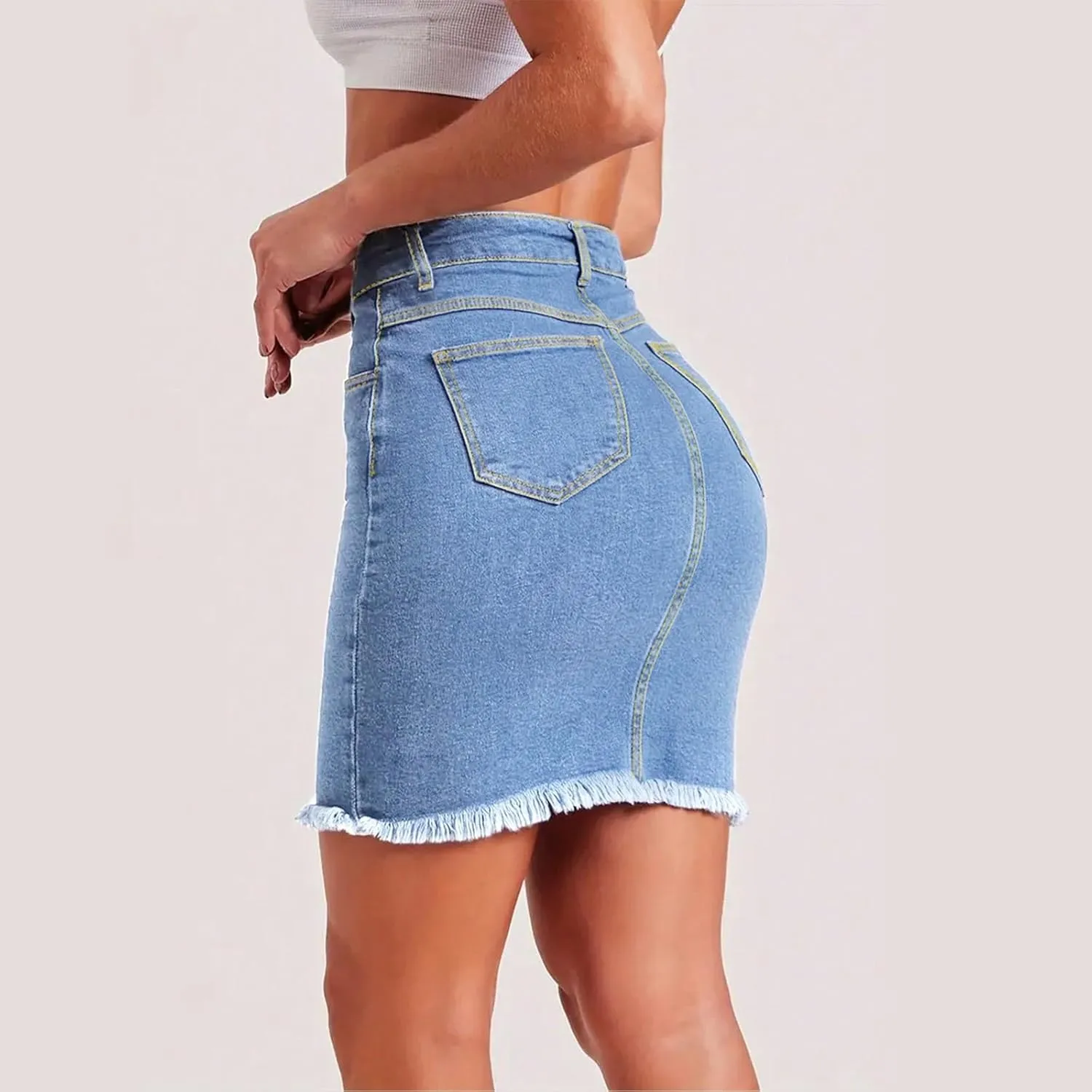 midelxp Mini Jean Skirts for Women Denim High Waisted Short Skirts with Pockets Casual Frayed Raw Hem Stretch Denim Skorts