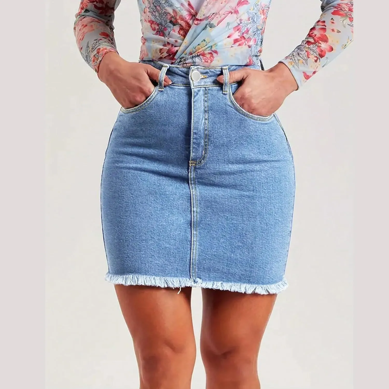 midelxp Mini Jean Skirts for Women Denim High Waisted Short Skirts with Pockets Casual Frayed Raw Hem Stretch Denim Skorts