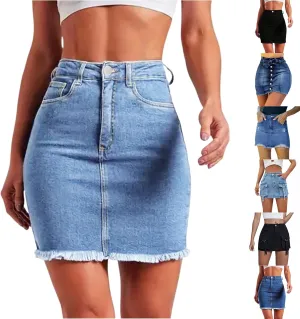 midelxp Mini Jean Skirts for Women Denim High Waisted Short Skirts with Pockets Casual Frayed Raw Hem Stretch Denim Skorts