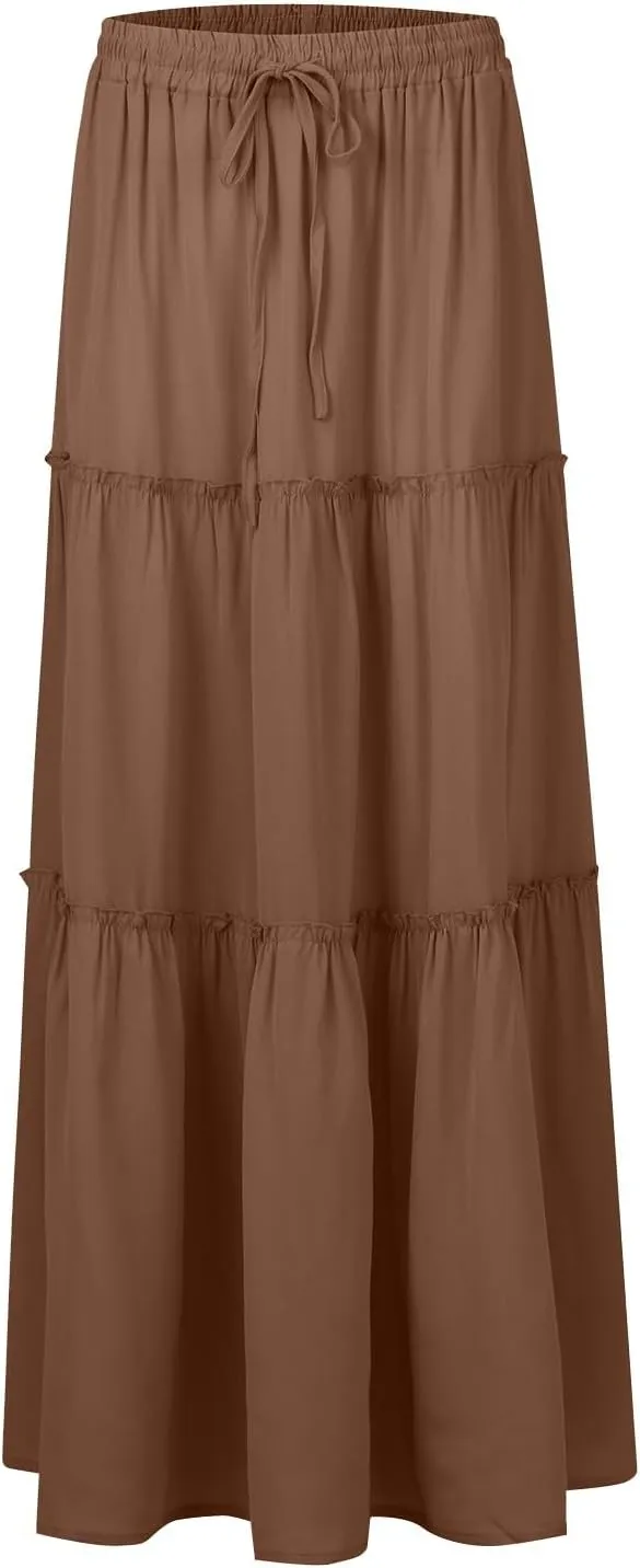 midelxp Pleated Maxi Skirts for Women Casual Ruffle Tiered Elastic High Waisted Skirts A-Line Flowy Long Skirt with Pockets