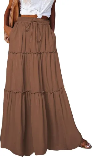midelxp Pleated Maxi Skirts for Women Casual Ruffle Tiered Elastic High Waisted Skirts A-Line Flowy Long Skirt with Pockets