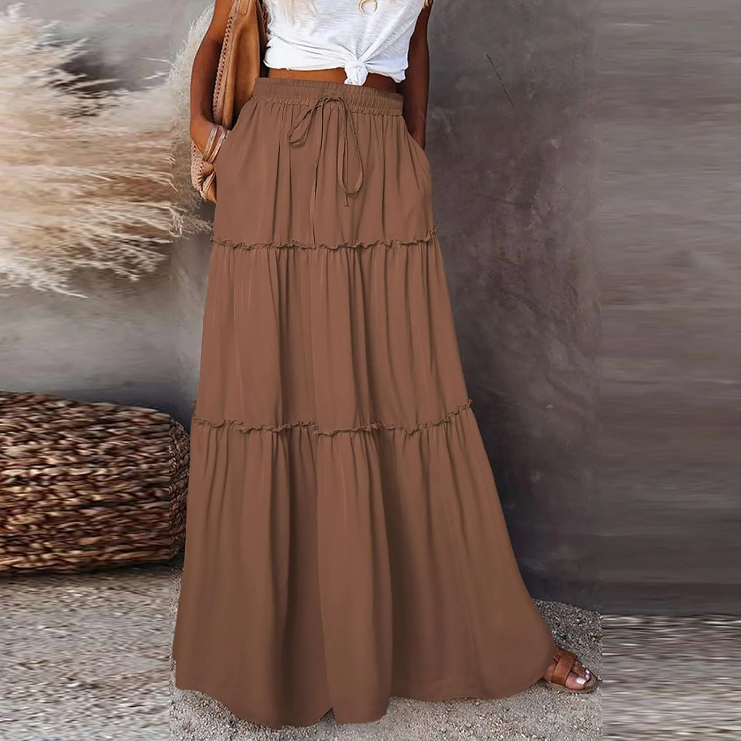 midelxp Pleated Maxi Skirts for Women Casual Ruffle Tiered Elastic High Waisted Skirts A-Line Flowy Long Skirt with Pockets