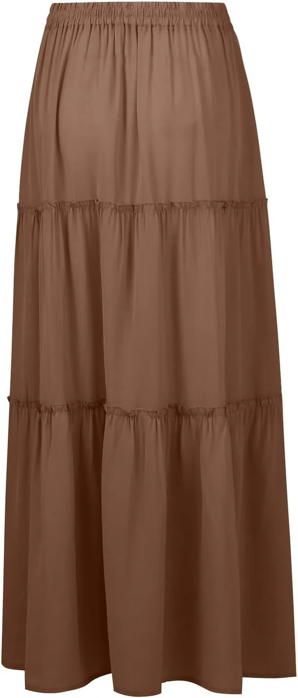 midelxp Pleated Maxi Skirts for Women Casual Ruffle Tiered Elastic High Waisted Skirts A-Line Flowy Long Skirt with Pockets