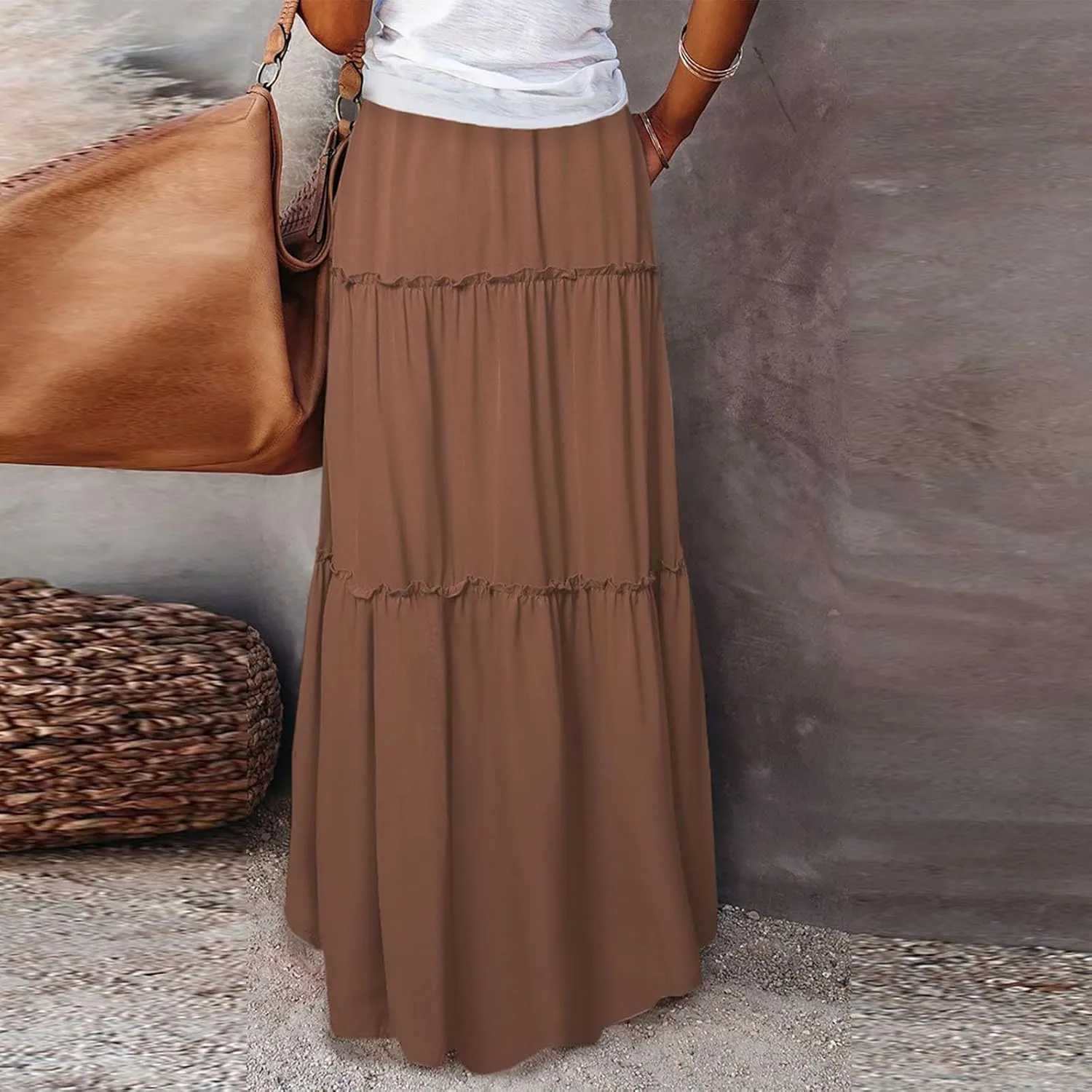 midelxp Pleated Maxi Skirts for Women Casual Ruffle Tiered Elastic High Waisted Skirts A-Line Flowy Long Skirt with Pockets