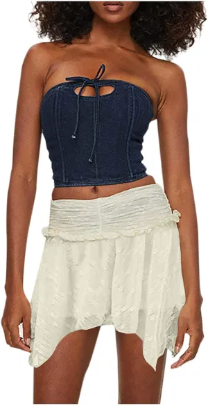 Mini Skirt for Women Solid Sexy Lace Low Rise Layered Pleated Flowy Skirts Casual Fashion Flowy Asymmetrical Skorts